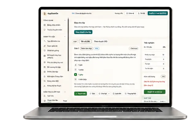 Giao diện AppSoanDe: soạn đề, giao bài online và chấm điểm trên một màn hình